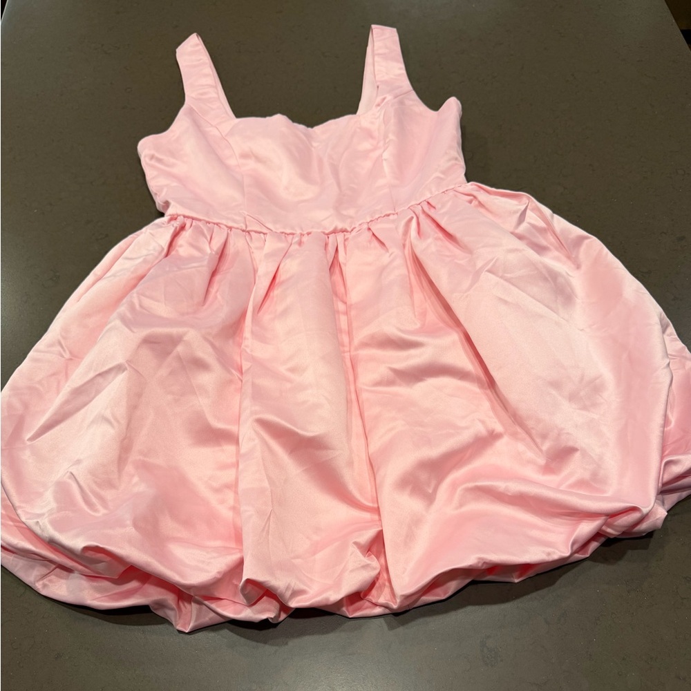 Lulu’s Regal Cutie Light Pink Satin Square Neck Bubble-Hem Mini Dress Sz:L - Picture 6 of 12